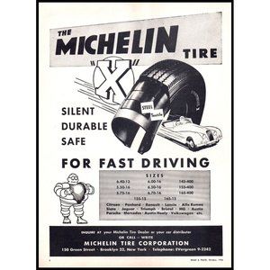 1956 Michelin "X" Tire For Fast Driving Bibendum in Convertible Vintage Print Ad